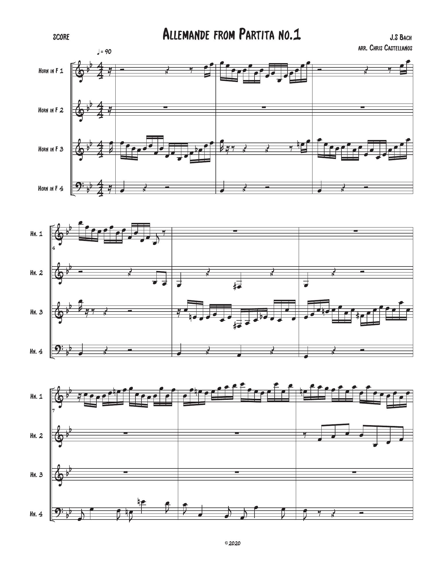First page of Bach's Allemande from Partita No. 1, arranged for four horns