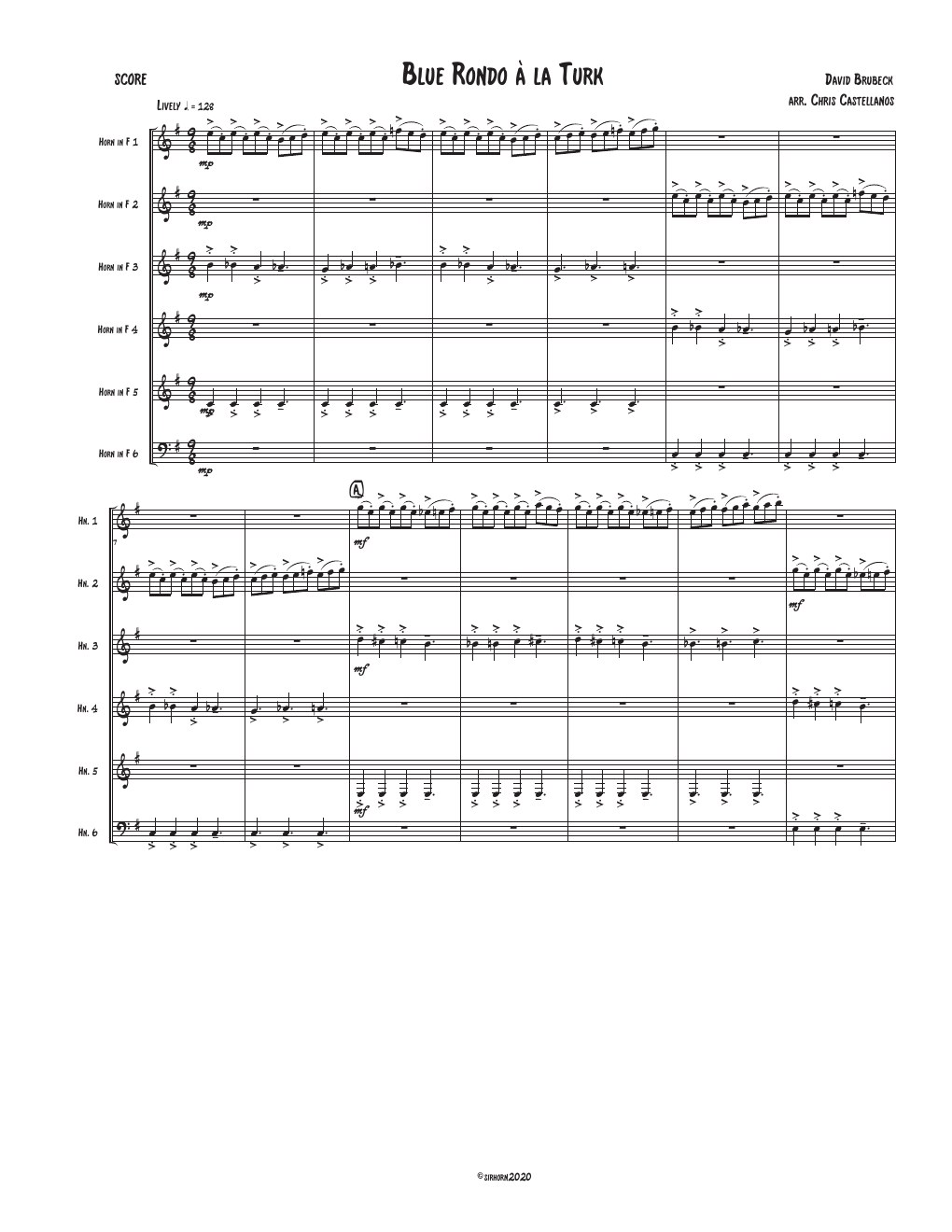 First page of Blue Rondo à la Turk, arranged for six horns