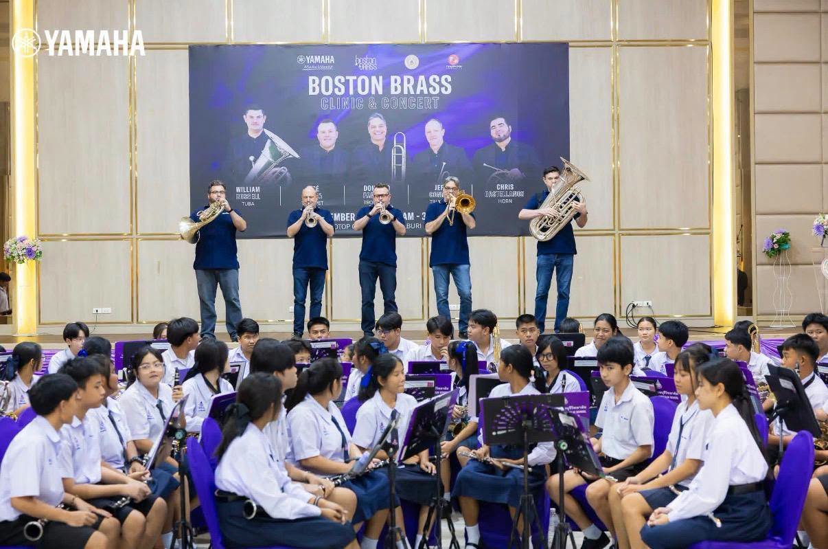 Boston Brass performing for students at a Yamaha clinic