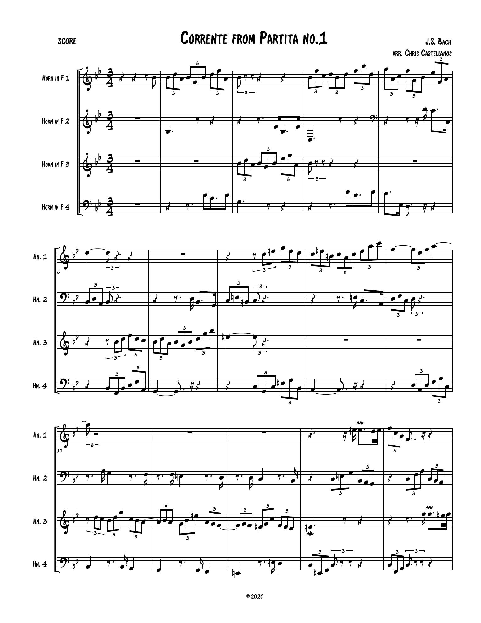 First page of Bach's Corrente from Partita No. 1, arranged for four horns