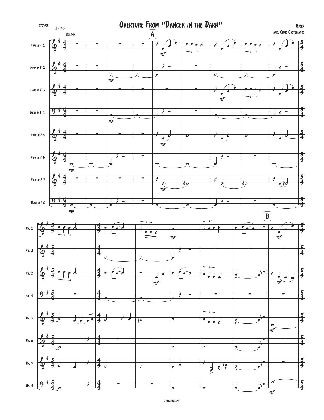 First page of Overture to Dancer in the Dark, arranged for eight horns