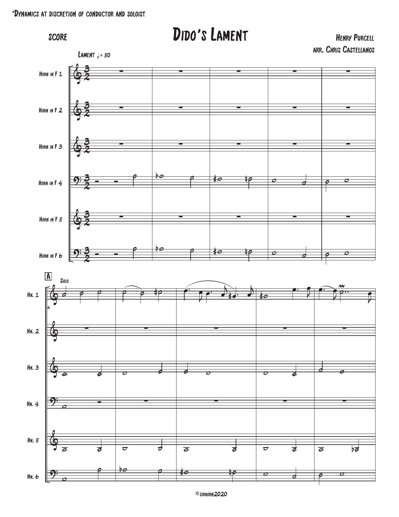 First page of Dido's Lament, arranged for six horns