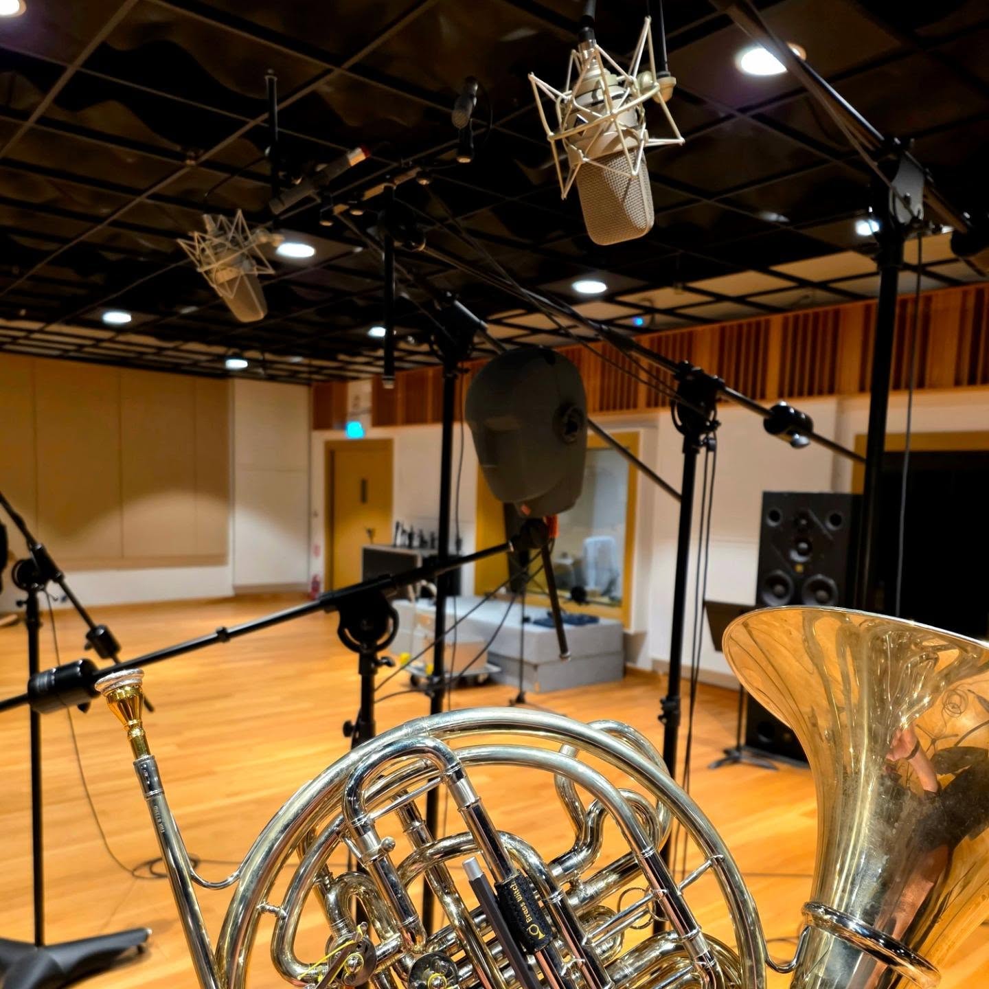 French horns positioned beneath recording microphones in a professional studio