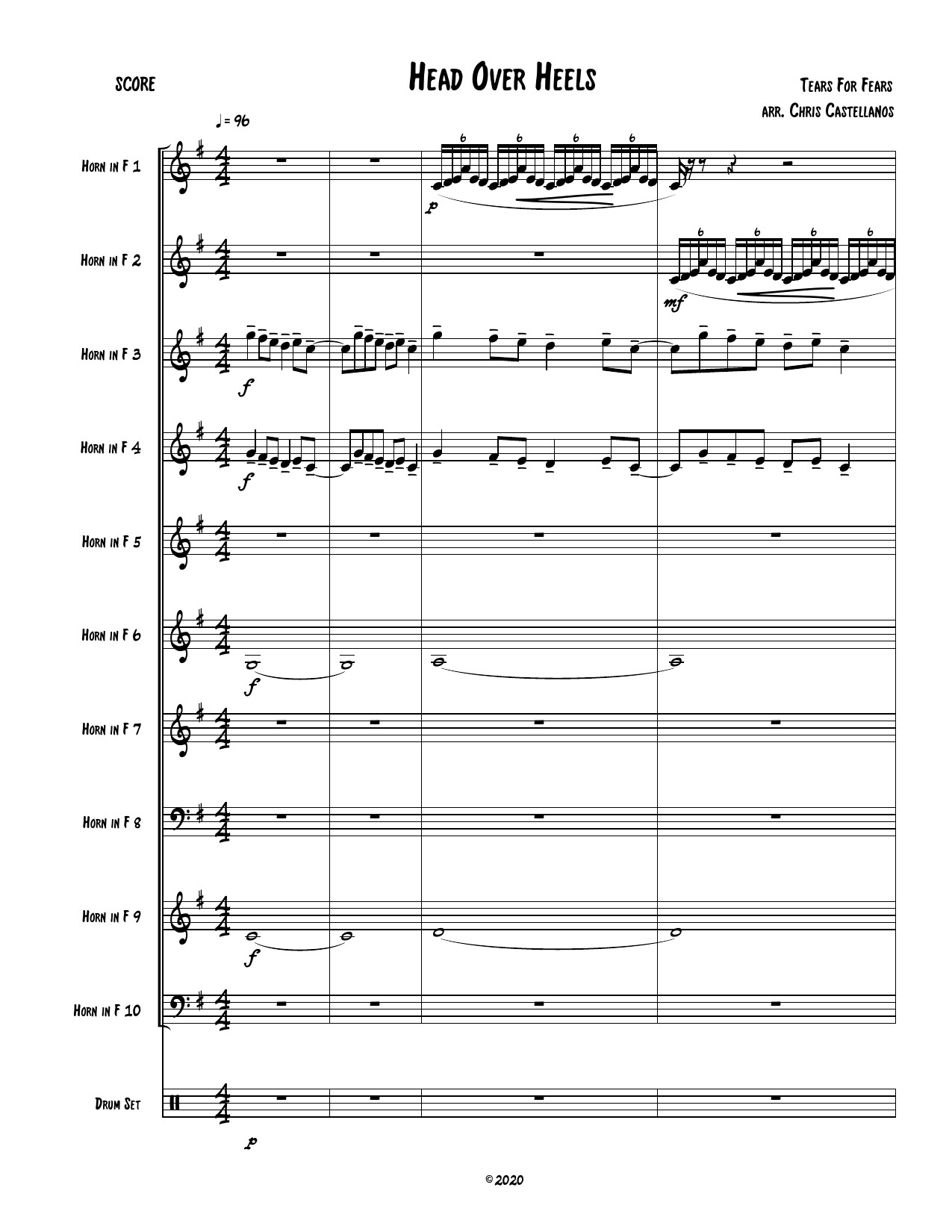 First page of Head Over Heels, arranged for ten horns