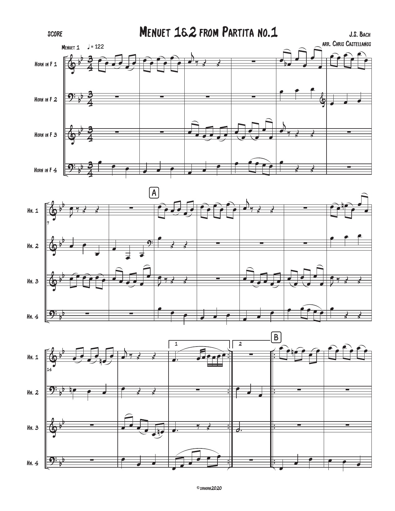 First page of Bach's Menuet 1 and 2 from Partita No. 1, arranged for four horns