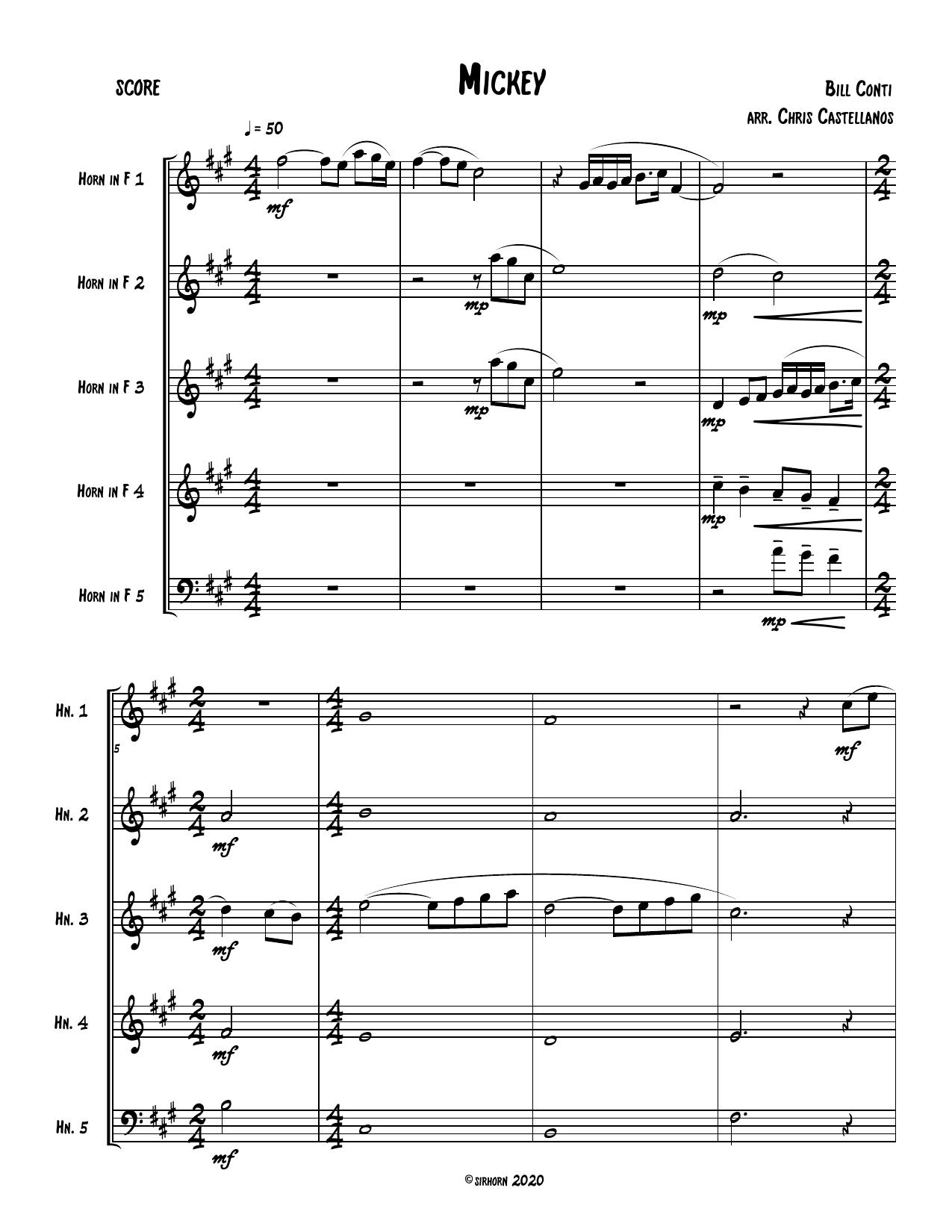 First page of the score for Mickey, arranged for five horns