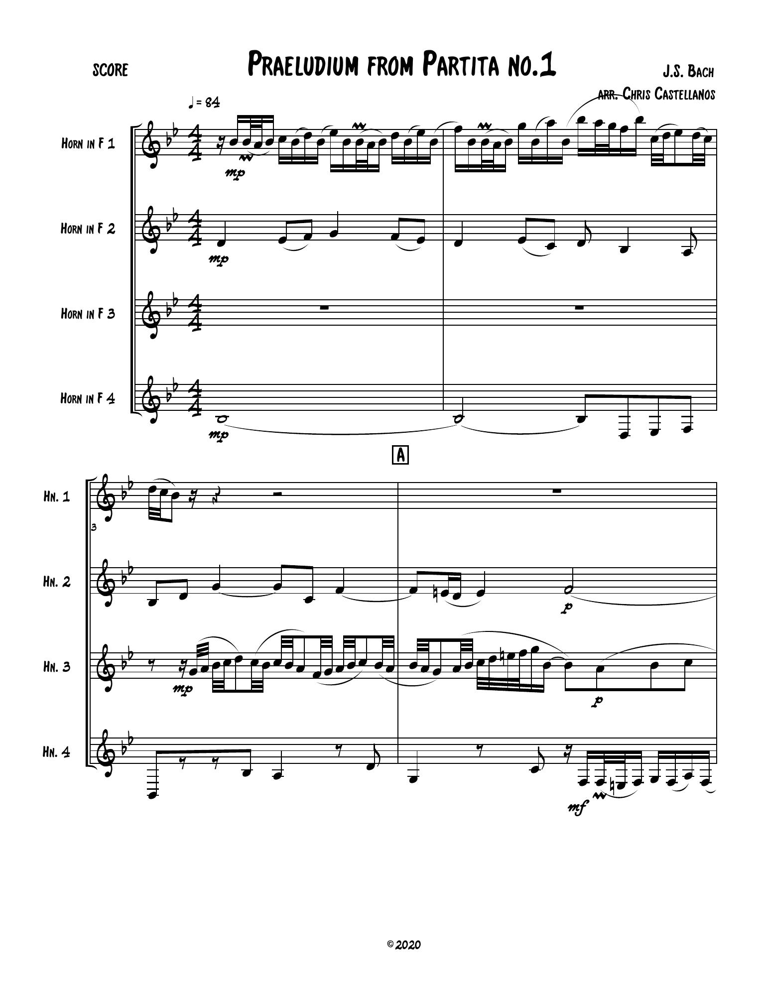First page of Bach's Praeludium from Partita No. 1, arranged for four horns