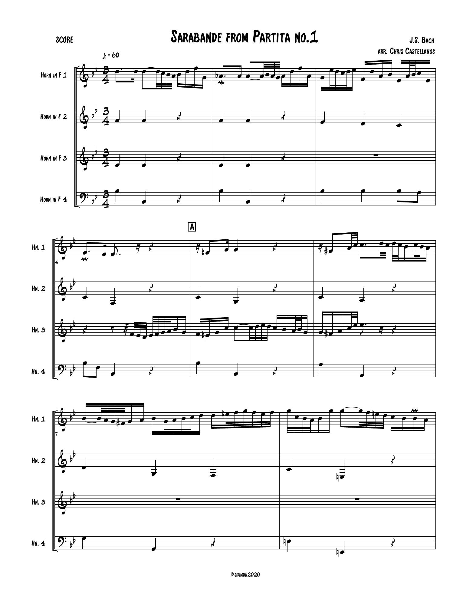 First page of Bach's Sarabande from Partita No. 1, arranged for four horns