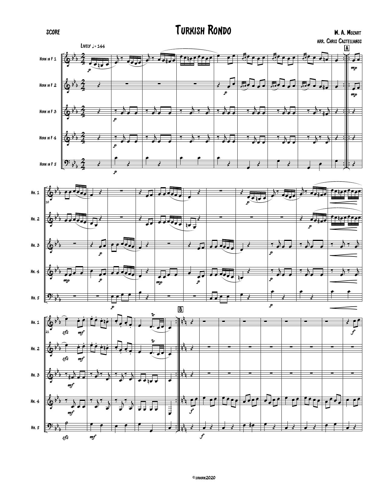 First page of Turkish Rondo, arranged for five horns